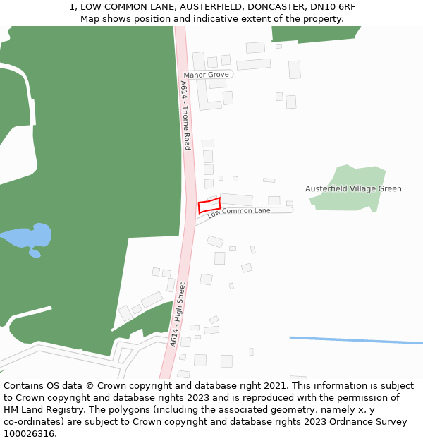 1, LOW COMMON LANE, AUSTERFIELD, DONCASTER, DN10 6RF: Location map and indicative extent of plot