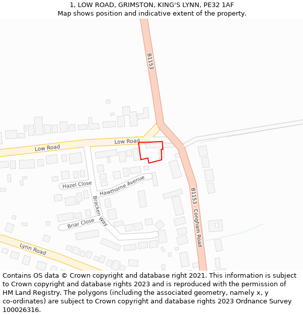 1, LOW ROAD, GRIMSTON, KING'S LYNN, PE32 1AF: Location map and indicative extent of plot