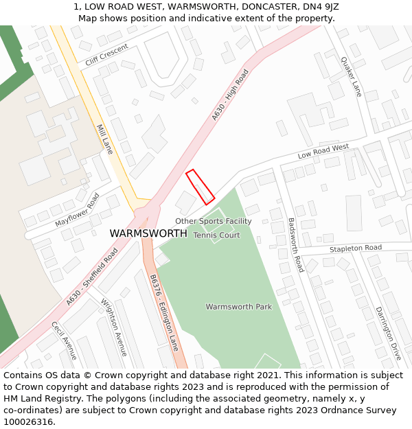 1, LOW ROAD WEST, WARMSWORTH, DONCASTER, DN4 9JZ: Location map and indicative extent of plot