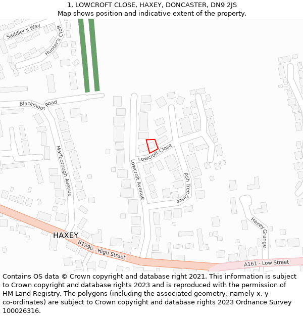 1, LOWCROFT CLOSE, HAXEY, DONCASTER, DN9 2JS: Location map and indicative extent of plot