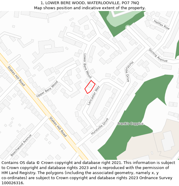 1, LOWER BERE WOOD, WATERLOOVILLE, PO7 7NQ: Location map and indicative extent of plot