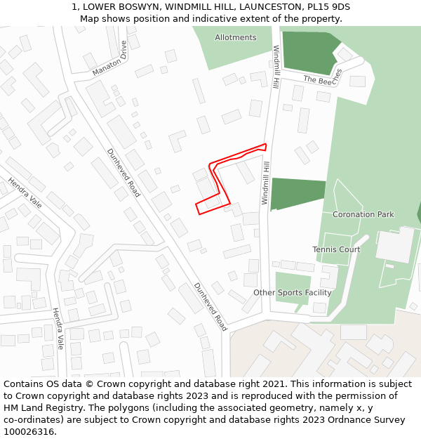 1, LOWER BOSWYN, WINDMILL HILL, LAUNCESTON, PL15 9DS: Location map and indicative extent of plot