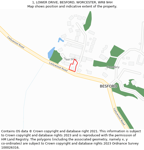 1, LOWER DRIVE, BESFORD, WORCESTER, WR8 9AH: Location map and indicative extent of plot