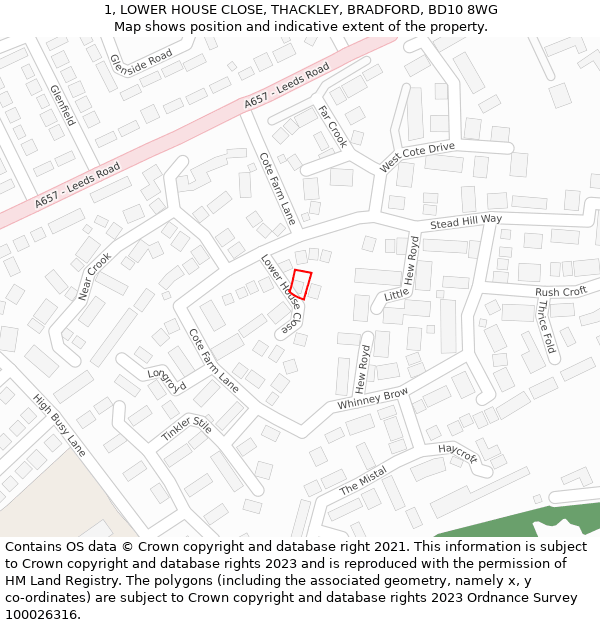 1, LOWER HOUSE CLOSE, THACKLEY, BRADFORD, BD10 8WG: Location map and indicative extent of plot