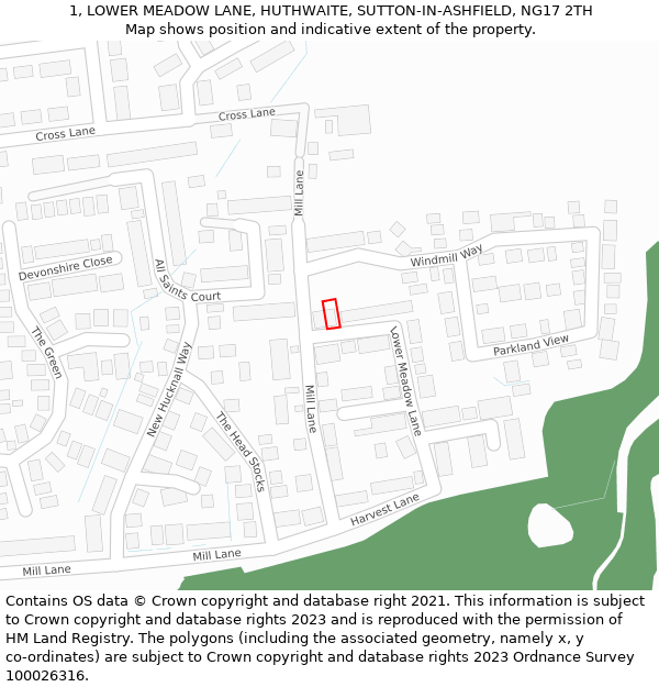 1, LOWER MEADOW LANE, HUTHWAITE, SUTTON-IN-ASHFIELD, NG17 2TH: Location map and indicative extent of plot