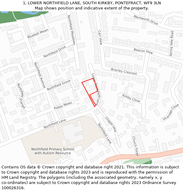 1, LOWER NORTHFIELD LANE, SOUTH KIRKBY, PONTEFRACT, WF9 3LN: Location map and indicative extent of plot