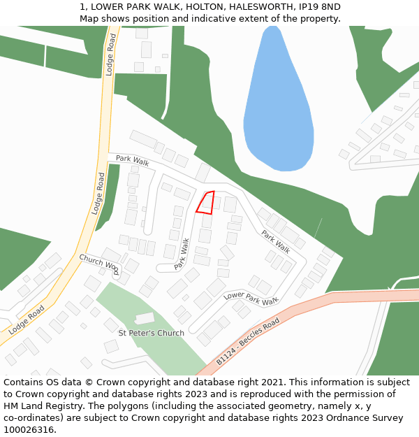 1, LOWER PARK WALK, HOLTON, HALESWORTH, IP19 8ND: Location map and indicative extent of plot