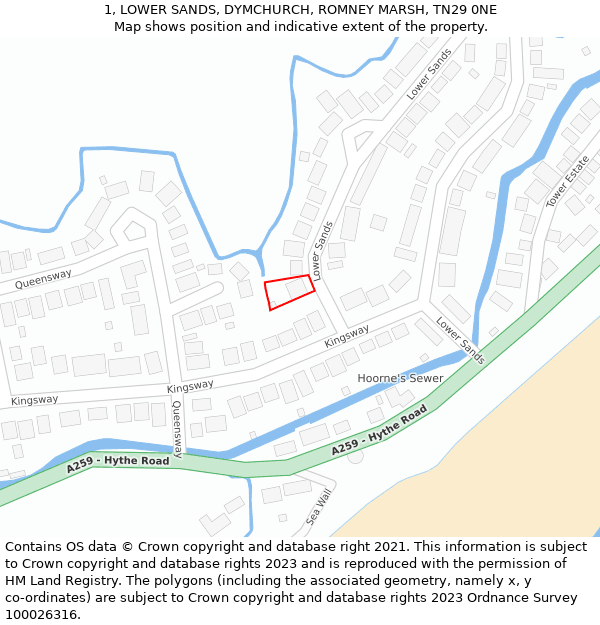 1, LOWER SANDS, DYMCHURCH, ROMNEY MARSH, TN29 0NE: Location map and indicative extent of plot