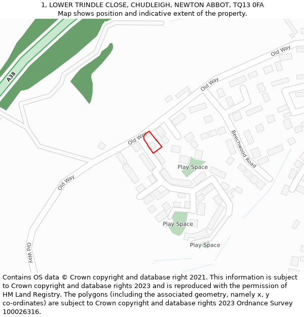 1, LOWER TRINDLE CLOSE, CHUDLEIGH, NEWTON ABBOT, TQ13 0FA: Location map and indicative extent of plot