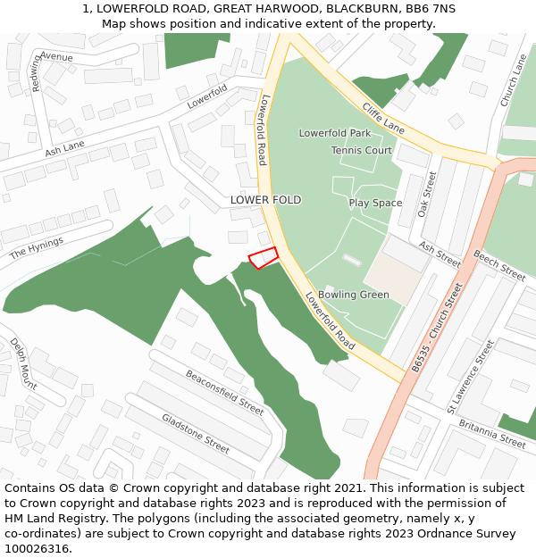 1, LOWERFOLD ROAD, GREAT HARWOOD, BLACKBURN, BB6 7NS: Location map and indicative extent of plot