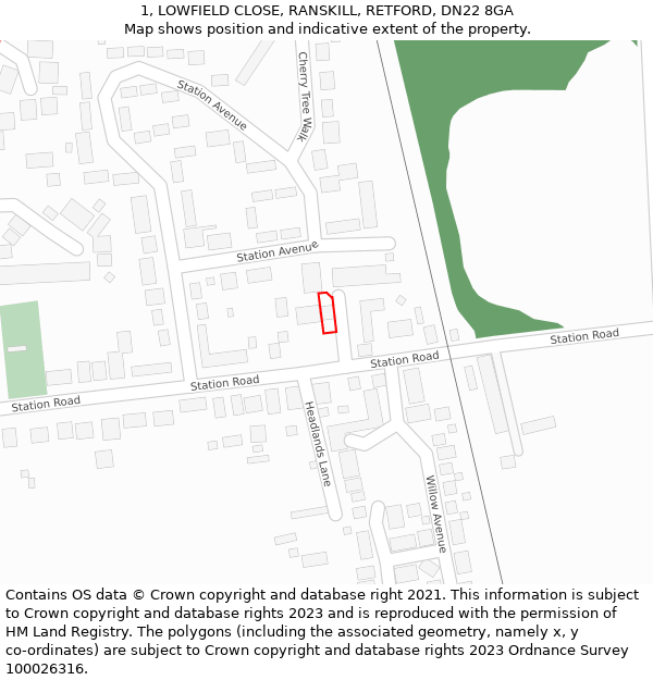 1, LOWFIELD CLOSE, RANSKILL, RETFORD, DN22 8GA: Location map and indicative extent of plot