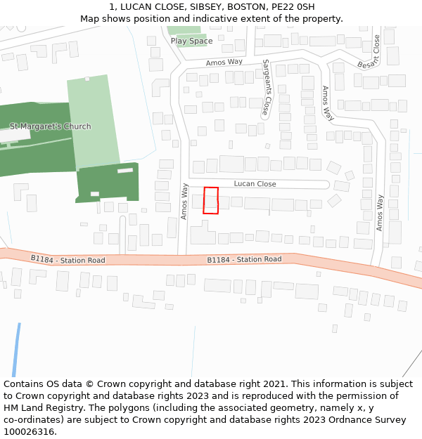 1, LUCAN CLOSE, SIBSEY, BOSTON, PE22 0SH: Location map and indicative extent of plot