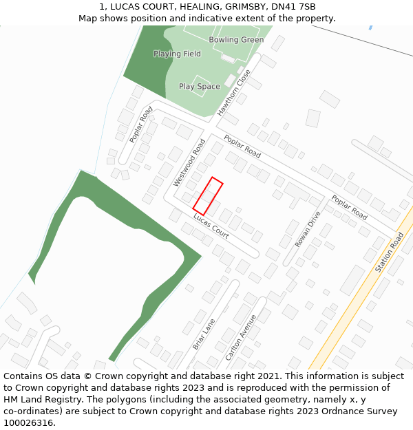 1, LUCAS COURT, HEALING, GRIMSBY, DN41 7SB: Location map and indicative extent of plot