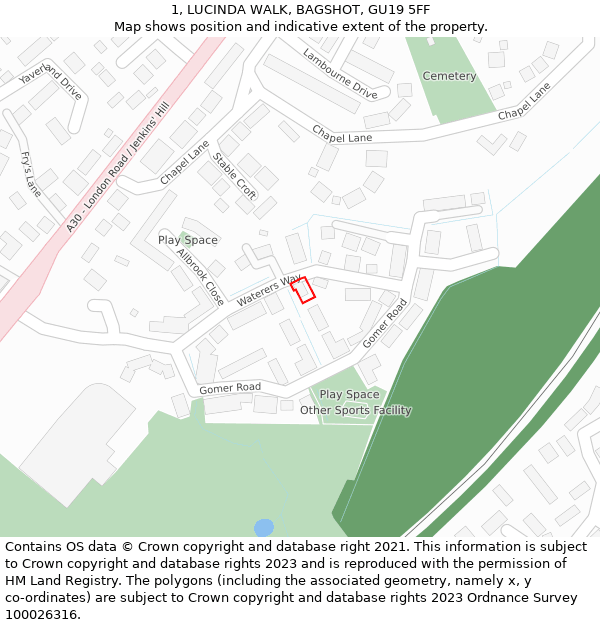 1, LUCINDA WALK, BAGSHOT, GU19 5FF: Location map and indicative extent of plot