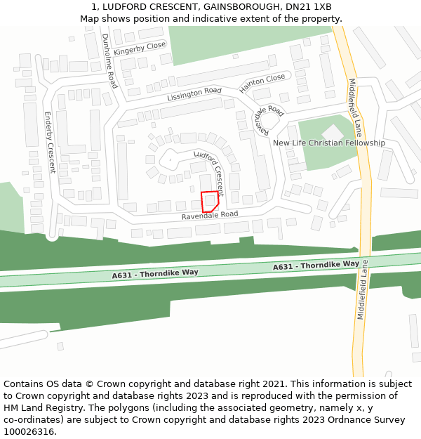 1, LUDFORD CRESCENT, GAINSBOROUGH, DN21 1XB: Location map and indicative extent of plot