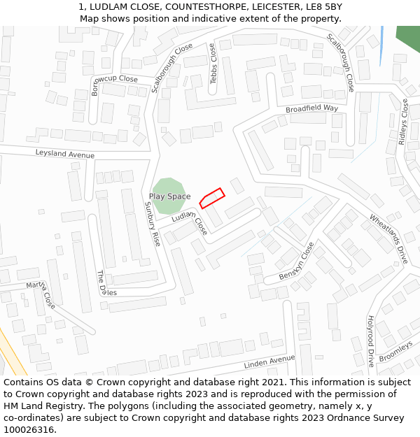 1, LUDLAM CLOSE, COUNTESTHORPE, LEICESTER, LE8 5BY: Location map and indicative extent of plot