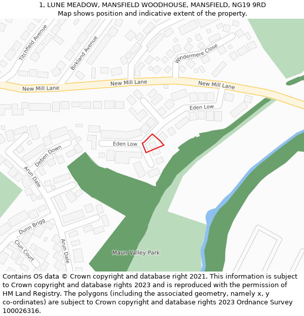 1, LUNE MEADOW, MANSFIELD WOODHOUSE, MANSFIELD, NG19 9RD: Location map and indicative extent of plot