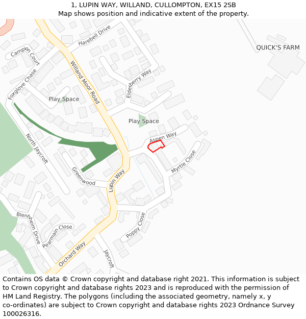 1, LUPIN WAY, WILLAND, CULLOMPTON, EX15 2SB: Location map and indicative extent of plot