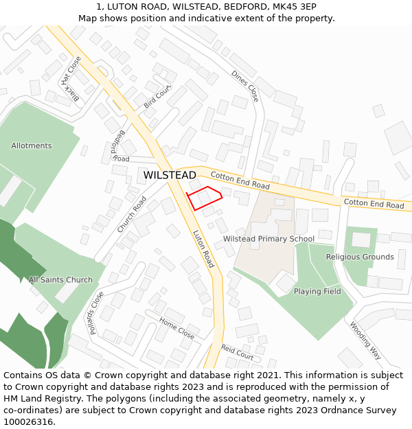 1, LUTON ROAD, WILSTEAD, BEDFORD, MK45 3EP: Location map and indicative extent of plot