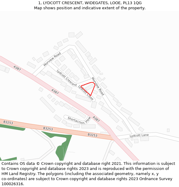 1, LYDCOTT CRESCENT, WIDEGATES, LOOE, PL13 1QG: Location map and indicative extent of plot