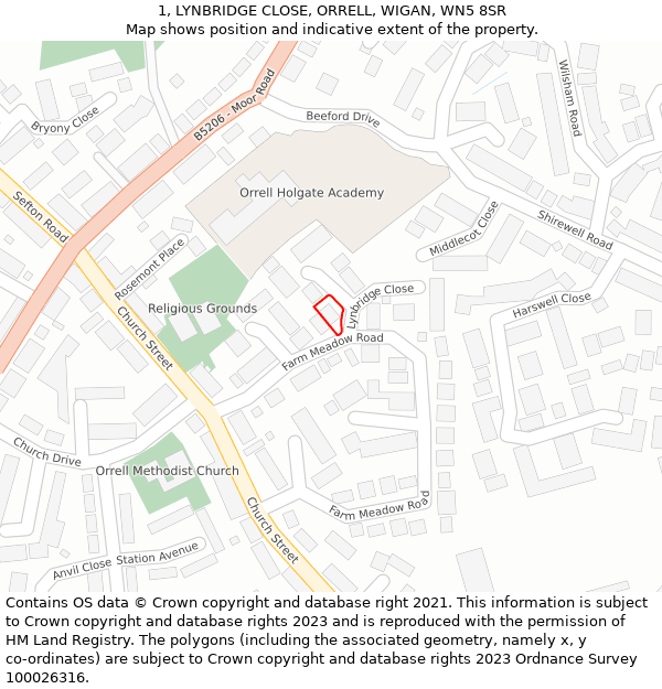 1, LYNBRIDGE CLOSE, ORRELL, WIGAN, WN5 8SR: Location map and indicative extent of plot