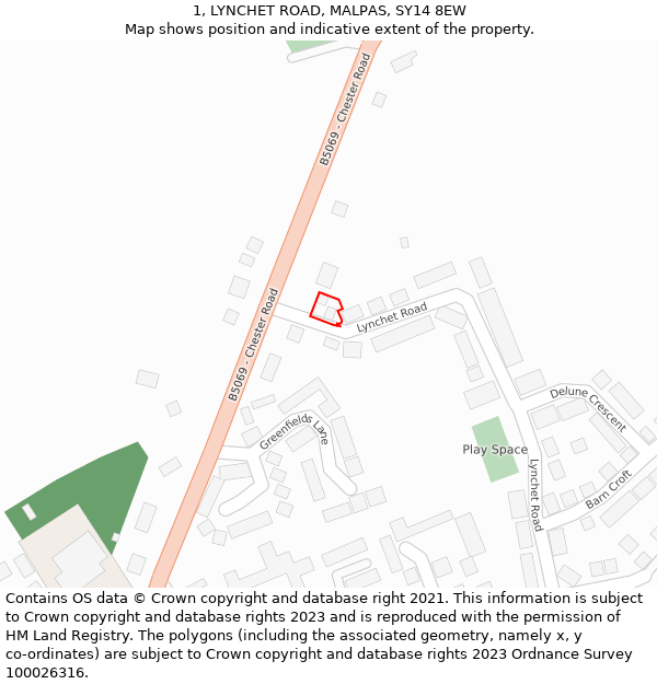 1, LYNCHET ROAD, MALPAS, SY14 8EW: Location map and indicative extent of plot