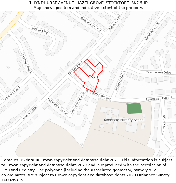 1, LYNDHURST AVENUE, HAZEL GROVE, STOCKPORT, SK7 5HP: Location map and indicative extent of plot