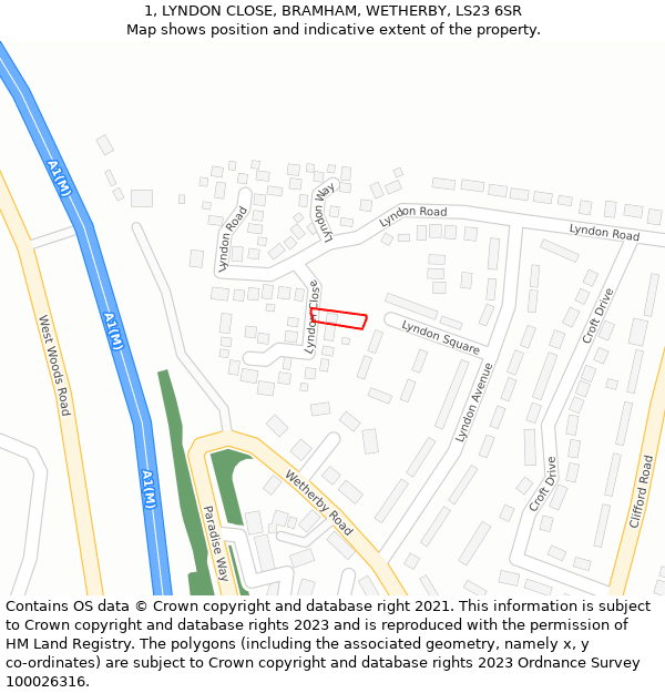 1, LYNDON CLOSE, BRAMHAM, WETHERBY, LS23 6SR: Location map and indicative extent of plot