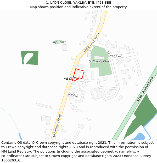 1, LYON CLOSE, YAXLEY, EYE, IP23 8BE: Location map and indicative extent of plot