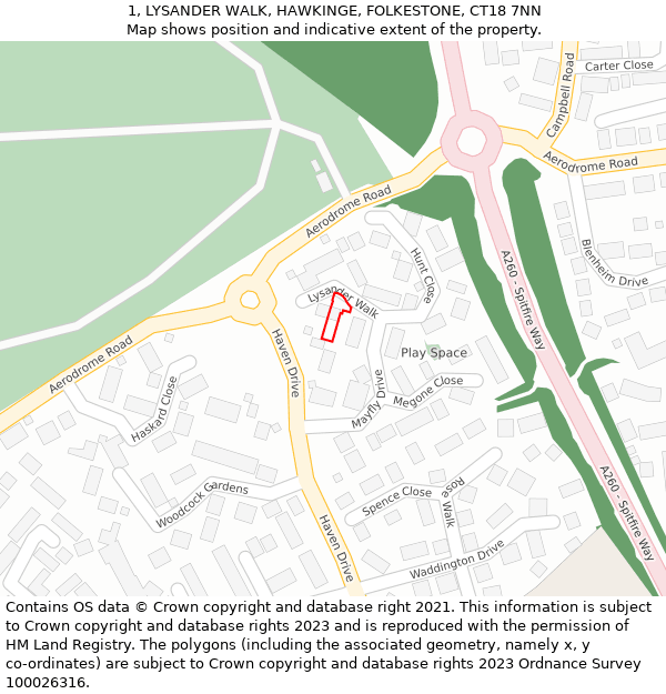 1, LYSANDER WALK, HAWKINGE, FOLKESTONE, CT18 7NN: Location map and indicative extent of plot