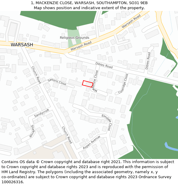 1, MACKENZIE CLOSE, WARSASH, SOUTHAMPTON, SO31 9EB: Location map and indicative extent of plot