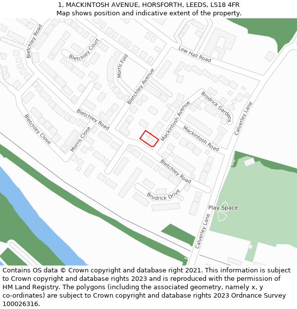 1, MACKINTOSH AVENUE, HORSFORTH, LEEDS, LS18 4FR: Location map and indicative extent of plot