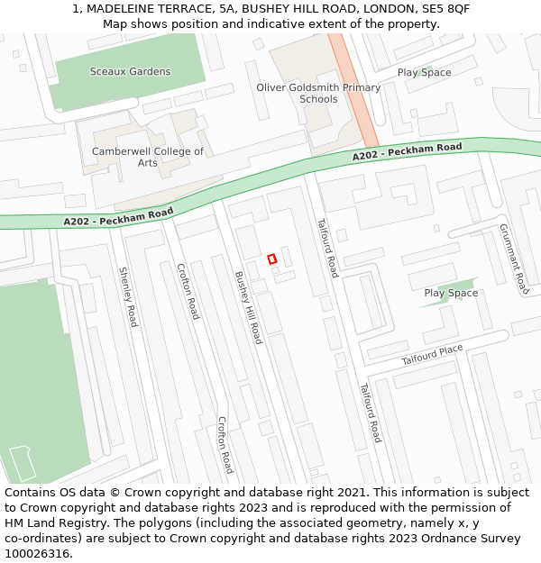 1, MADELEINE TERRACE, 5A, BUSHEY HILL ROAD, LONDON, SE5 8QF: Location map and indicative extent of plot