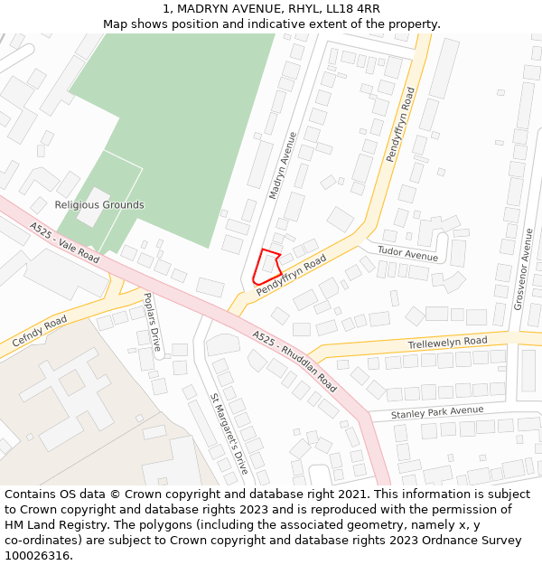 1, MADRYN AVENUE, RHYL, LL18 4RR: Location map and indicative extent of plot