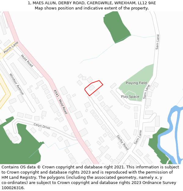 1, MAES ALUN, DERBY ROAD, CAERGWRLE, WREXHAM, LL12 9AE: Location map and indicative extent of plot