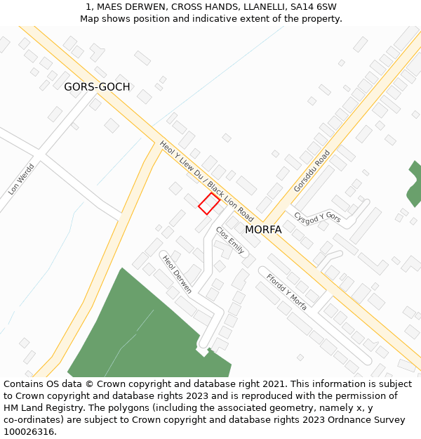 1, MAES DERWEN, CROSS HANDS, LLANELLI, SA14 6SW: Location map and indicative extent of plot