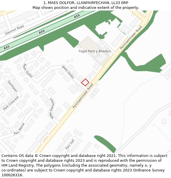 1, MAES DOLFOR, LLANFAIRFECHAN, LL33 0RP: Location map and indicative extent of plot