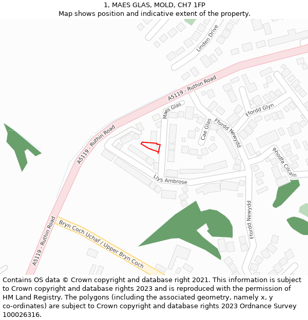 1, MAES GLAS, MOLD, CH7 1FP: Location map and indicative extent of plot