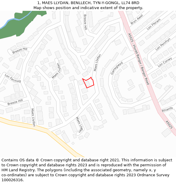 1, MAES LLYDAN, BENLLECH, TYN-Y-GONGL, LL74 8RD: Location map and indicative extent of plot