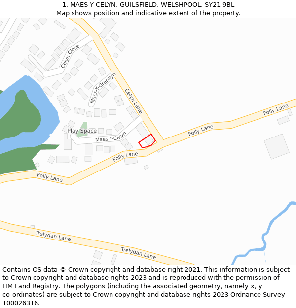 1, MAES Y CELYN, GUILSFIELD, WELSHPOOL, SY21 9BL: Location map and indicative extent of plot