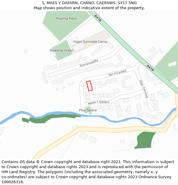 1, MAES Y DAFARN, CARNO, CAERSWS, SY17 5NG: Location map and indicative extent of plot