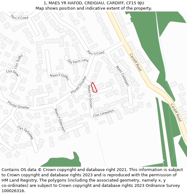 1, MAES YR HAFOD, CREIGIAU, CARDIFF, CF15 9JU: Location map and indicative extent of plot