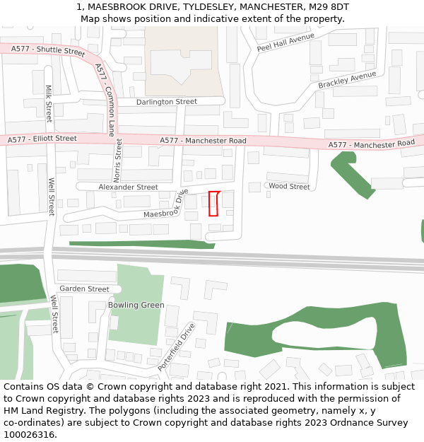 1, MAESBROOK DRIVE, TYLDESLEY, MANCHESTER, M29 8DT: Location map and indicative extent of plot