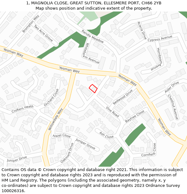 1, MAGNOLIA CLOSE, GREAT SUTTON, ELLESMERE PORT, CH66 2YB: Location map and indicative extent of plot