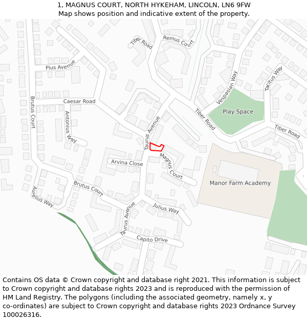 1, MAGNUS COURT, NORTH HYKEHAM, LINCOLN, LN6 9FW: Location map and indicative extent of plot