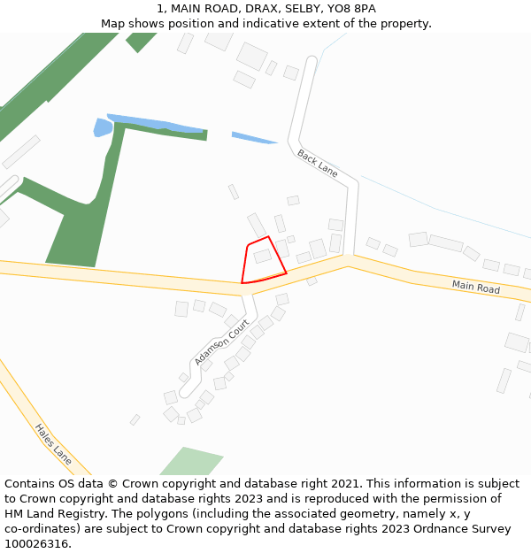 1, MAIN ROAD, DRAX, SELBY, YO8 8PA: Location map and indicative extent of plot