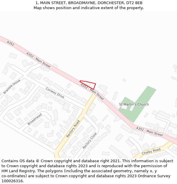 1, MAIN STREET, BROADMAYNE, DORCHESTER, DT2 8EB: Location map and indicative extent of plot