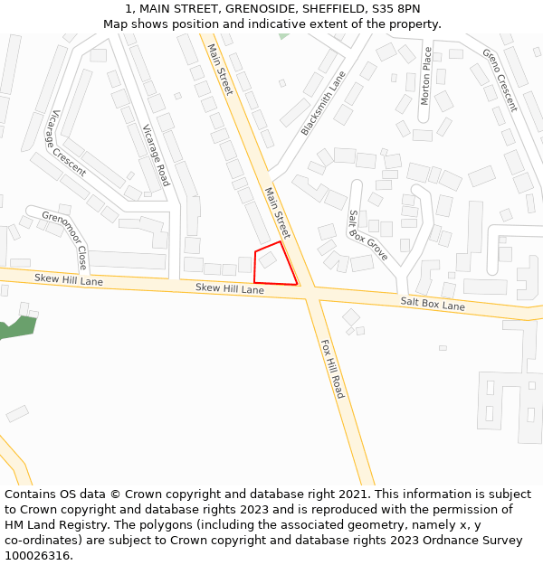 1, MAIN STREET, GRENOSIDE, SHEFFIELD, S35 8PN: Location map and indicative extent of plot