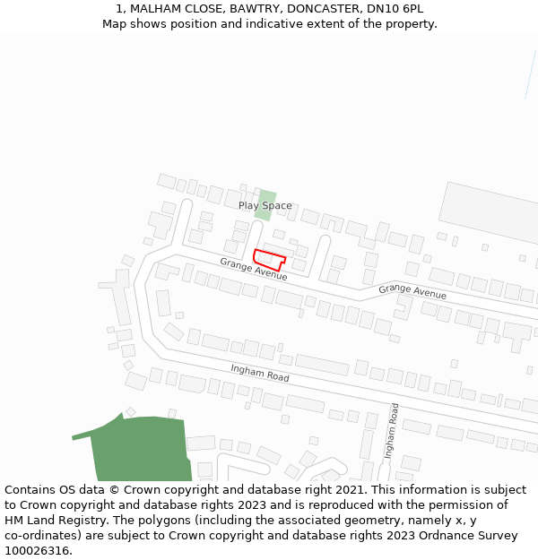 1, MALHAM CLOSE, BAWTRY, DONCASTER, DN10 6PL: Location map and indicative extent of plot