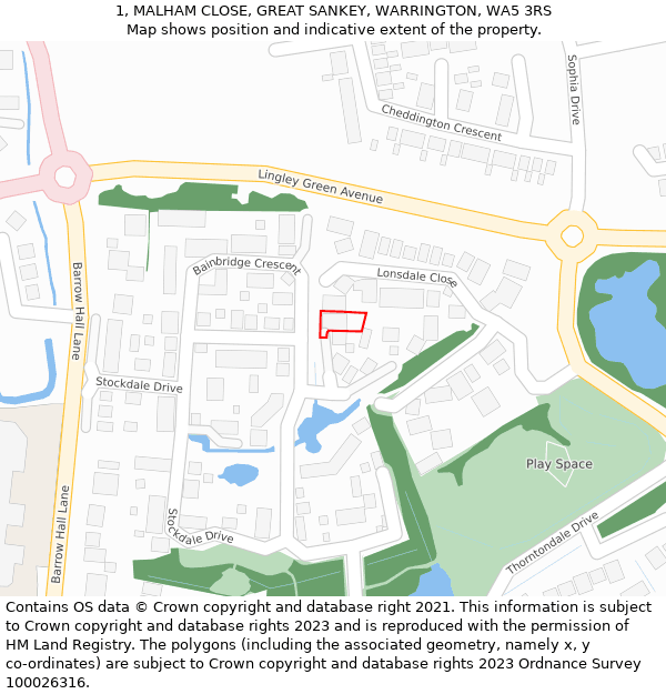 1, MALHAM CLOSE, GREAT SANKEY, WARRINGTON, WA5 3RS: Location map and indicative extent of plot